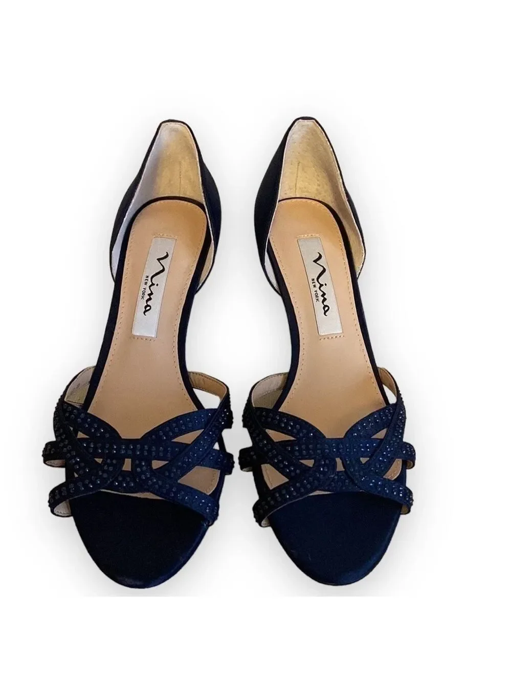 Nina Navy Cissy Crystal Embellished Peep Toe Pump Size 5.5